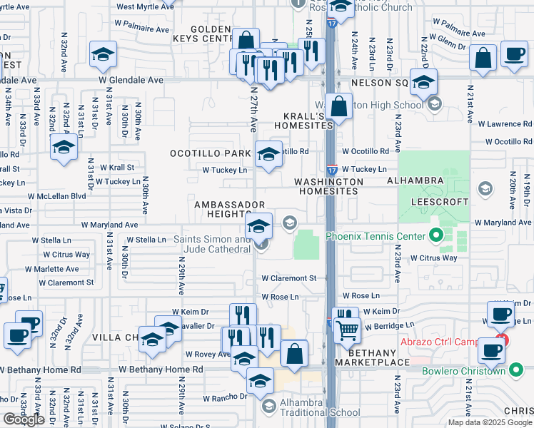 map of restaurants, bars, coffee shops, grocery stores, and more near 2540 West Maryland Avenue in Phoenix
