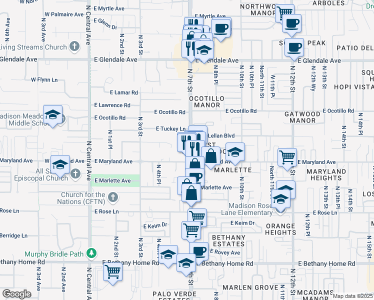 map of restaurants, bars, coffee shops, grocery stores, and more near 6516 North 7th Street in Phoenix