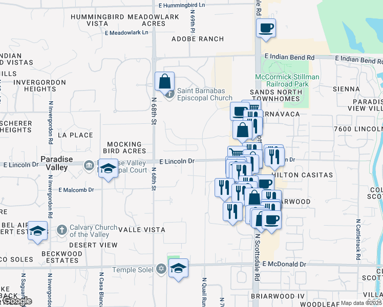 map of restaurants, bars, coffee shops, grocery stores, and more near 6609 North 69th Street in Paradise Valley