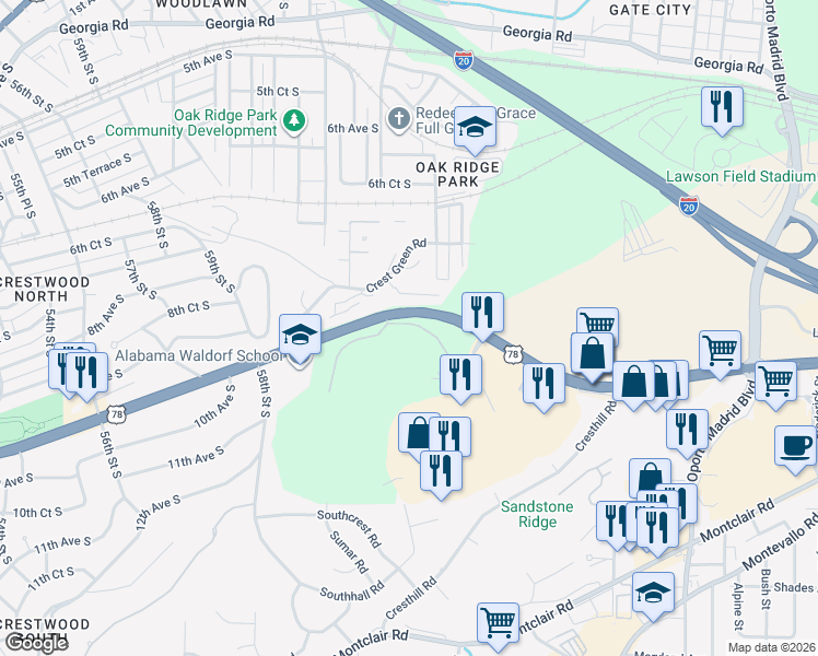 map of restaurants, bars, coffee shops, grocery stores, and more near 6321 Crest Green Road in Birmingham