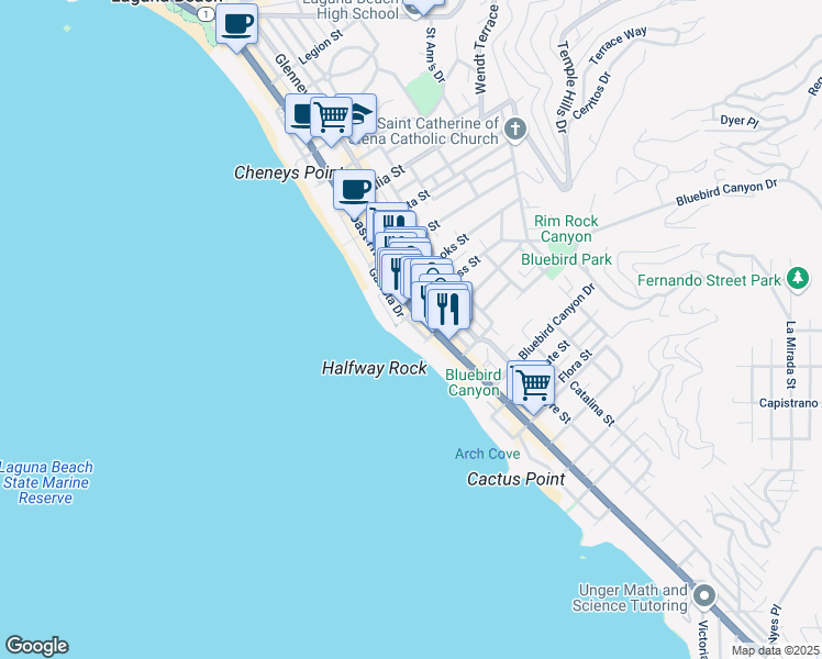 map of restaurants, bars, coffee shops, grocery stores, and more near 1337 Gaviota Drive in Laguna Beach