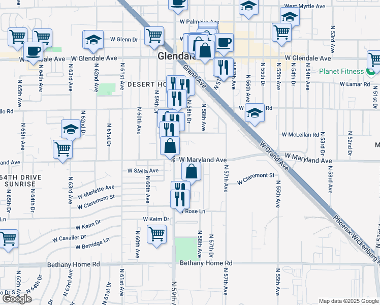 map of restaurants, bars, coffee shops, grocery stores, and more near 6533 North 59th Avenue in Glendale