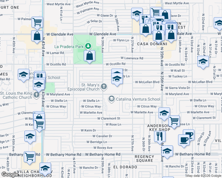 map of restaurants, bars, coffee shops, grocery stores, and more near 6515 North 39th Avenue in Phoenix