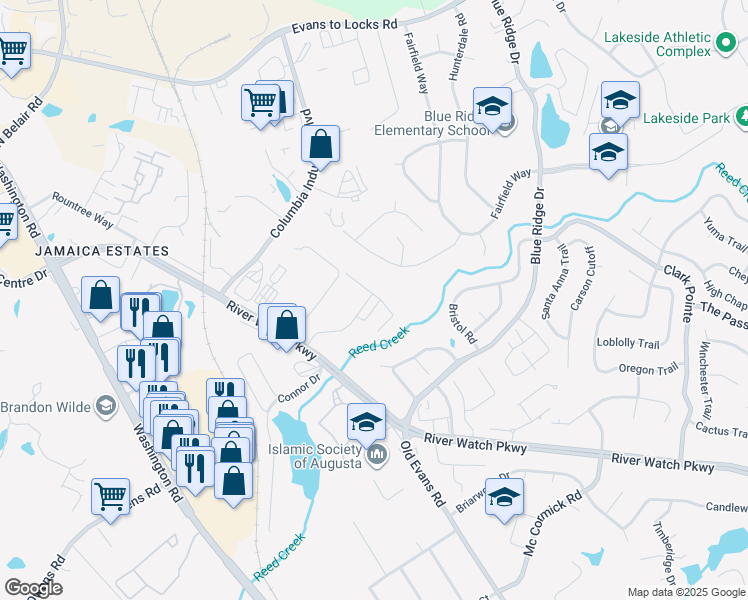 map of restaurants, bars, coffee shops, grocery stores, and more near 4174 Arlington Road in Evans