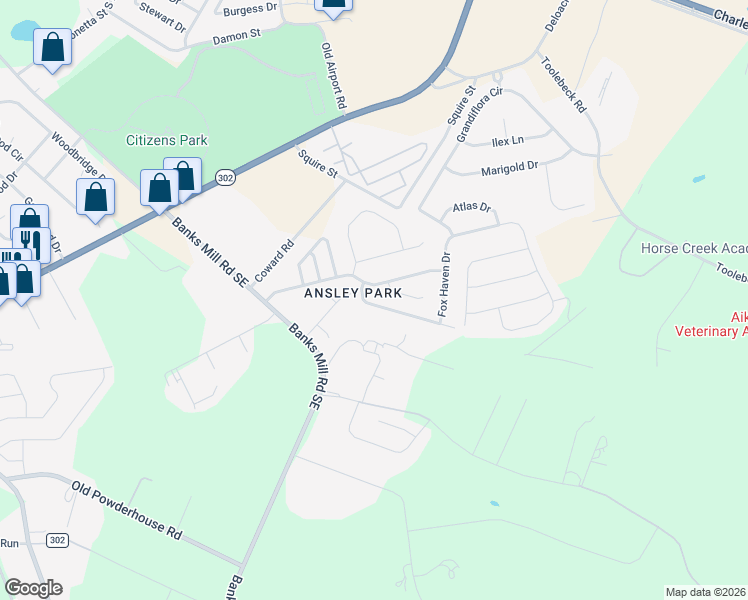 map of restaurants, bars, coffee shops, grocery stores, and more near 106 Fox Haven Drive in Aiken