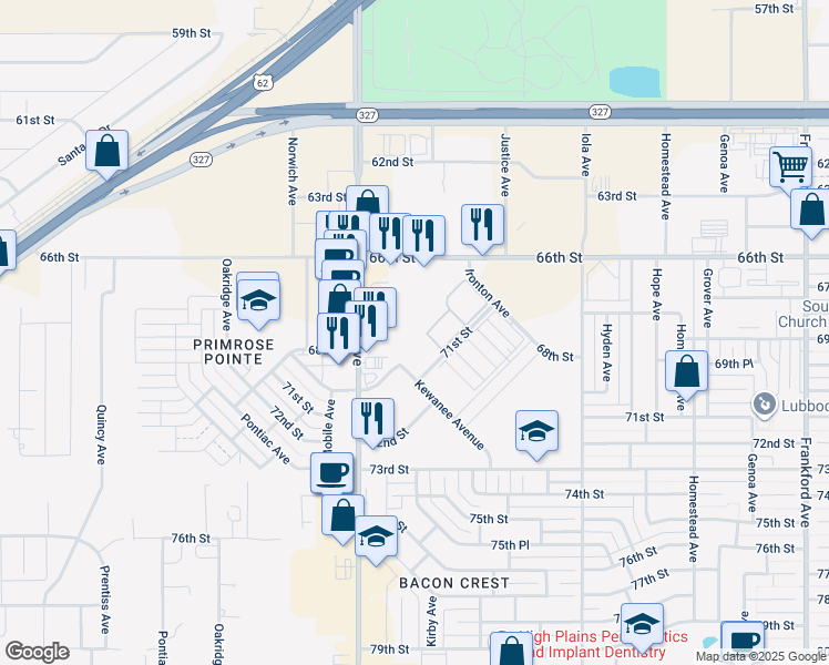 map of restaurants, bars, coffee shops, grocery stores, and more near 7021 Kewanee Avenue in Lubbock