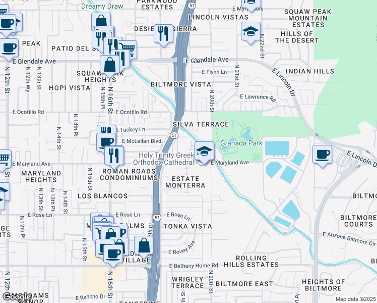 map of restaurants, bars, coffee shops, grocery stores, and more near 1850 East Maryland Avenue in Phoenix