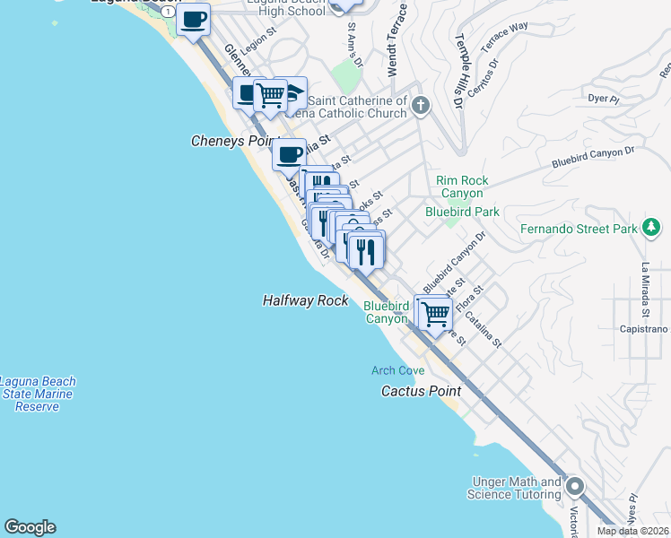 map of restaurants, bars, coffee shops, grocery stores, and more near 1337 Gaviota Drive in Laguna Beach