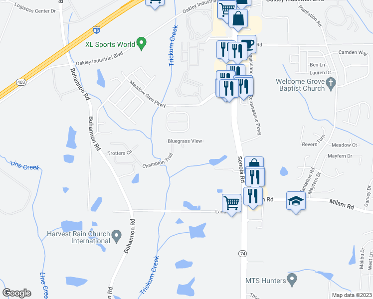 map of restaurants, bars, coffee shops, grocery stores, and more near 120 Belmont Terrace in Fairburn