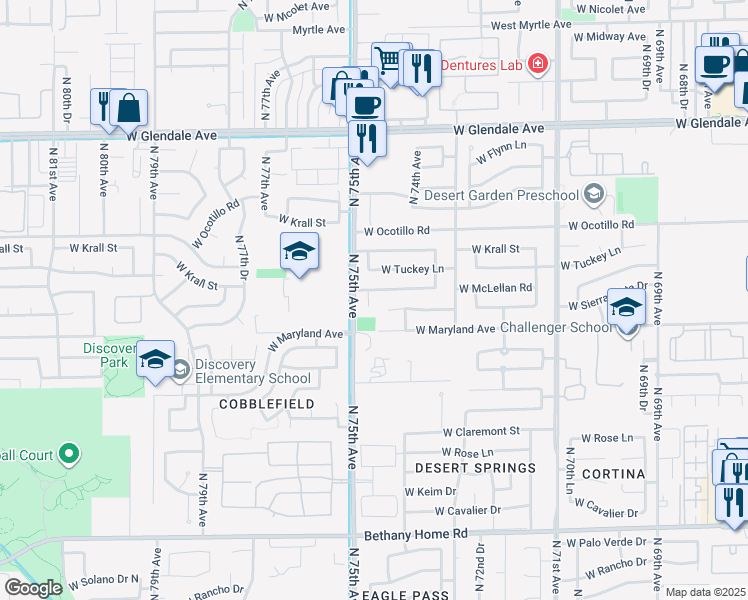 map of restaurants, bars, coffee shops, grocery stores, and more near 7438 West McLellan Road in Glendale