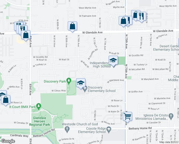map of restaurants, bars, coffee shops, grocery stores, and more near 7844 West Krall Street in Glendale