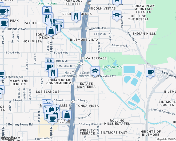 map of restaurants, bars, coffee shops, grocery stores, and more near 1850 East Maryland Avenue in Phoenix