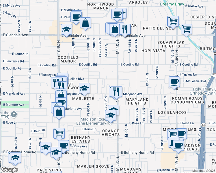 map of restaurants, bars, coffee shops, grocery stores, and more near 1115 East McLellan Boulevard in Phoenix