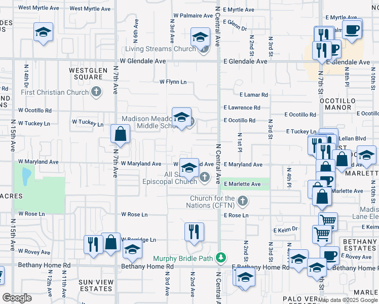 map of restaurants, bars, coffee shops, grocery stores, and more near 37 West Sierra Vista Drive in Phoenix