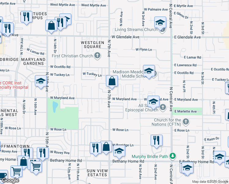 map of restaurants, bars, coffee shops, grocery stores, and more near 6533 North 7th Avenue in Phoenix