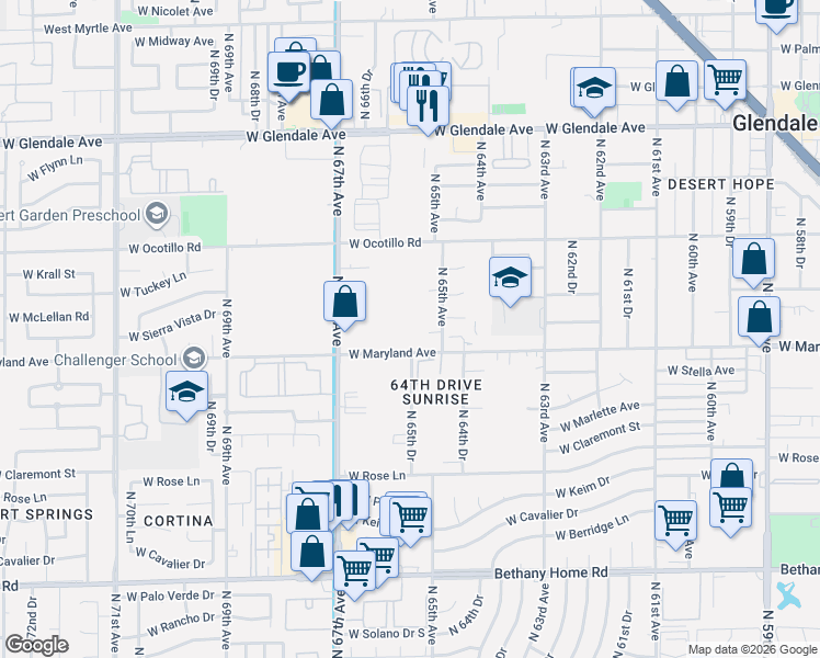 map of restaurants, bars, coffee shops, grocery stores, and more near 6529 West Ocotillo Road in Glendale
