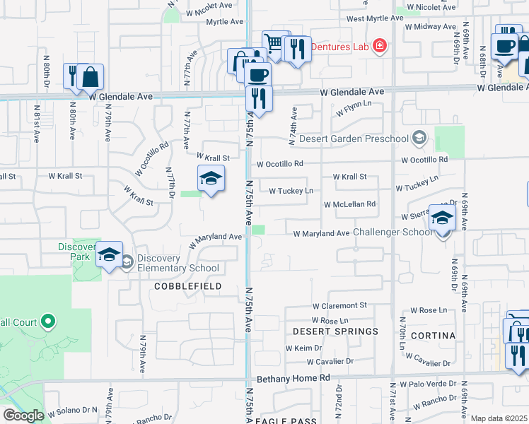 map of restaurants, bars, coffee shops, grocery stores, and more near 7438 West McLellan Road in Glendale