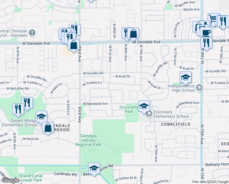 map of restaurants, bars, coffee shops, grocery stores, and more near 8040 West McLellan Road in Glendale