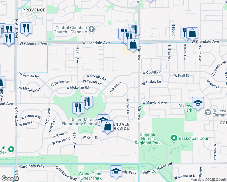 map of restaurants, bars, coffee shops, grocery stores, and more near 6627 North 85th Avenue in Glendale