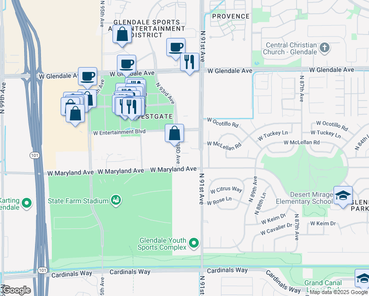 map of restaurants, bars, coffee shops, grocery stores, and more near in Glendale