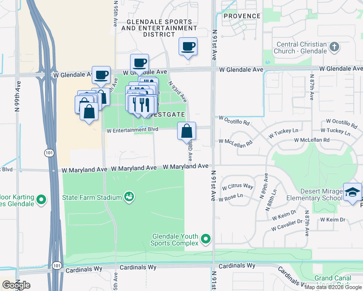 map of restaurants, bars, coffee shops, grocery stores, and more near 1057 West Coyote Boulevard in Glendale