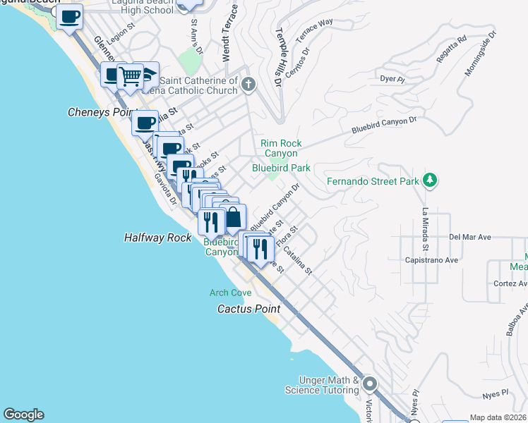 map of restaurants, bars, coffee shops, grocery stores, and more near 1500 Carmelita Street in Laguna Beach