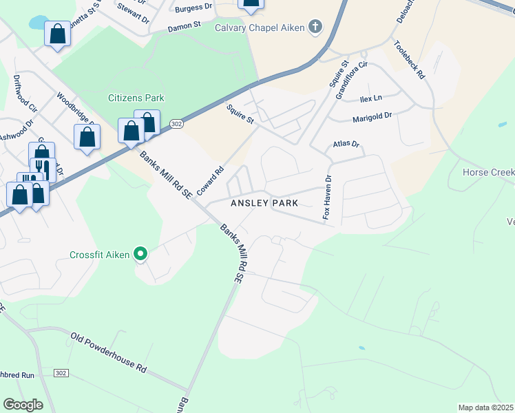 map of restaurants, bars, coffee shops, grocery stores, and more near 106 Fox Haven Drive in Aiken