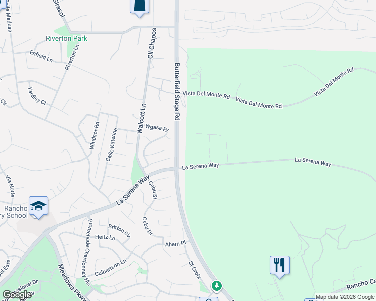 map of restaurants, bars, coffee shops, grocery stores, and more near 32032 La Serena Way in Temecula