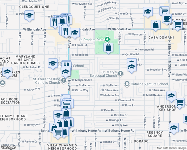map of restaurants, bars, coffee shops, grocery stores, and more near 6536 North 41st Avenue in Phoenix