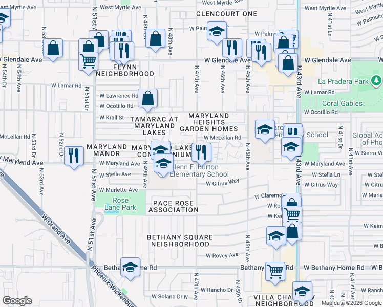 map of restaurants, bars, coffee shops, grocery stores, and more near 19 West Sierra Vista Drive in Glendale