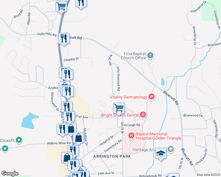 map of restaurants, bars, coffee shops, grocery stores, and more near 3303 5th Street North in Columbus