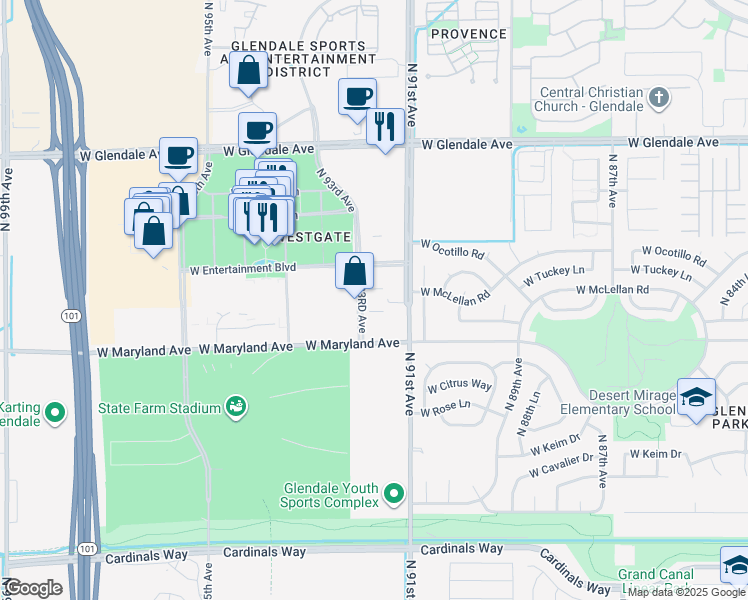 map of restaurants, bars, coffee shops, grocery stores, and more near in Glendale