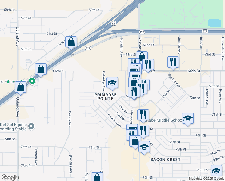 map of restaurants, bars, coffee shops, grocery stores, and more near 6514 68th Street in Lubbock
