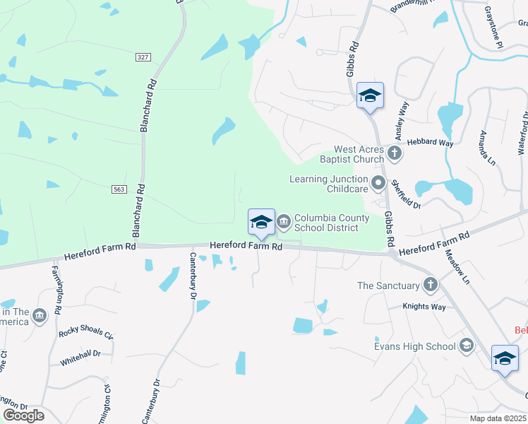 map of restaurants, bars, coffee shops, grocery stores, and more near 4785 Hereford Farm Road in Evans