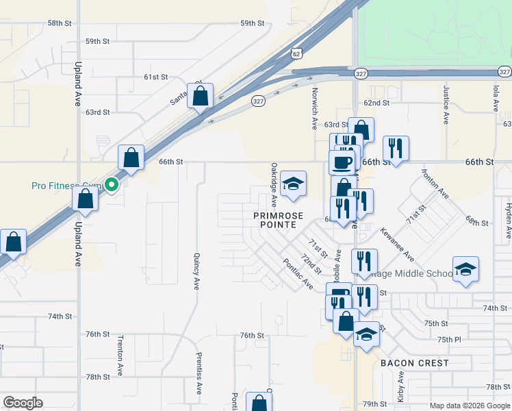 map of restaurants, bars, coffee shops, grocery stores, and more near 6816 67th Street in Lubbock