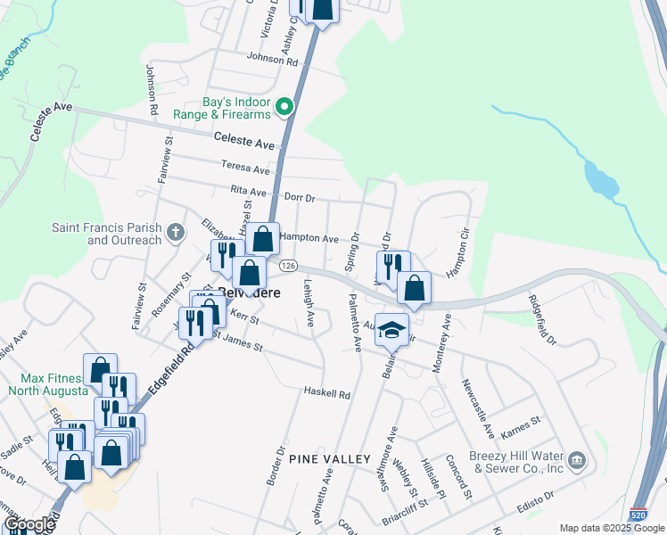 map of restaurants, bars, coffee shops, grocery stores, and more near 400 Belvedere-Clearwater Road in Belvedere