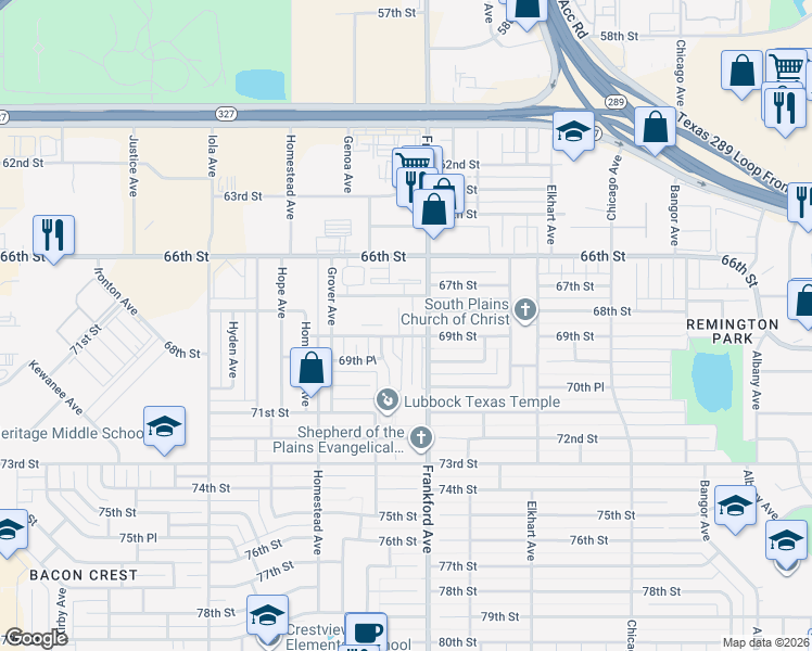 map of restaurants, bars, coffee shops, grocery stores, and more near 6806 Frankford Avenue in Lubbock