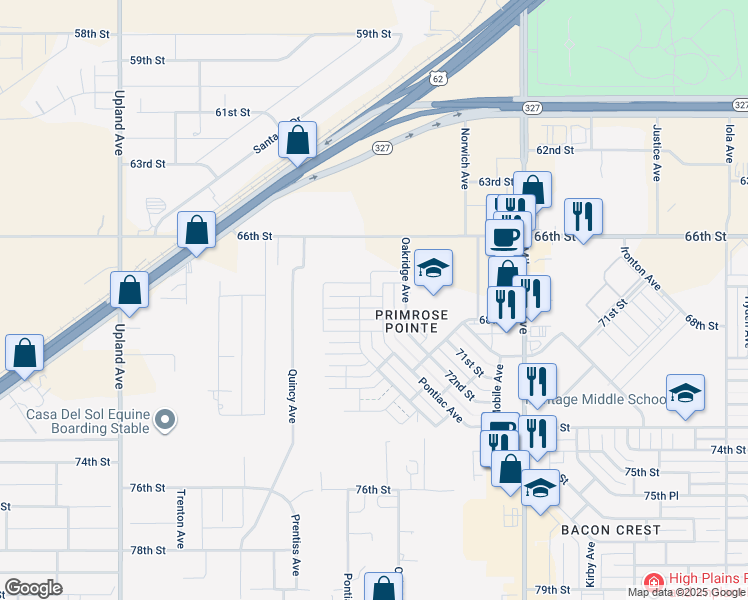 map of restaurants, bars, coffee shops, grocery stores, and more near 6816 67th Street in Lubbock