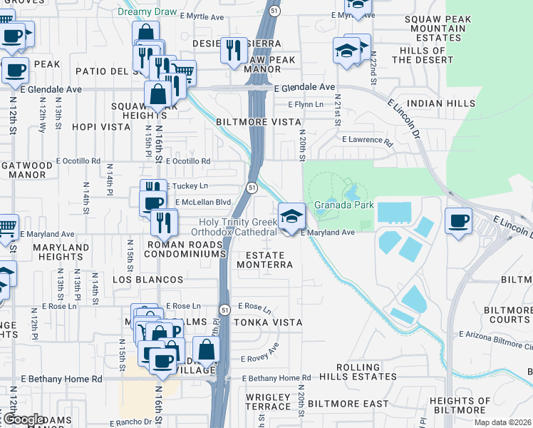 map of restaurants, bars, coffee shops, grocery stores, and more near 1850 East Maryland Avenue in Phoenix