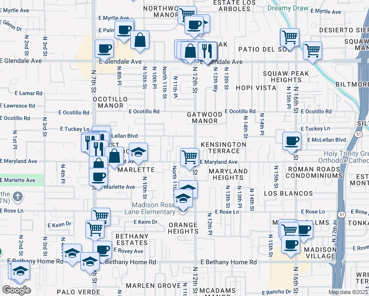 map of restaurants, bars, coffee shops, grocery stores, and more near 1115 East McLellan Boulevard in Phoenix