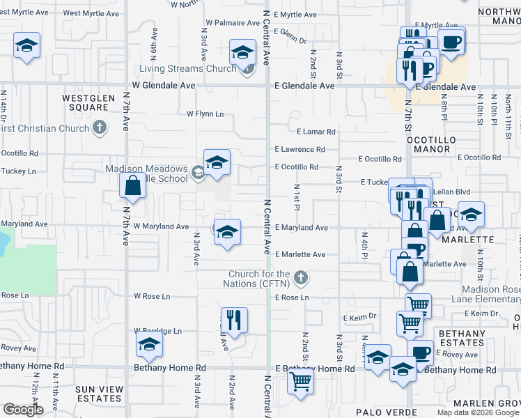 map of restaurants, bars, coffee shops, grocery stores, and more near 6550 North Central Avenue in Phoenix