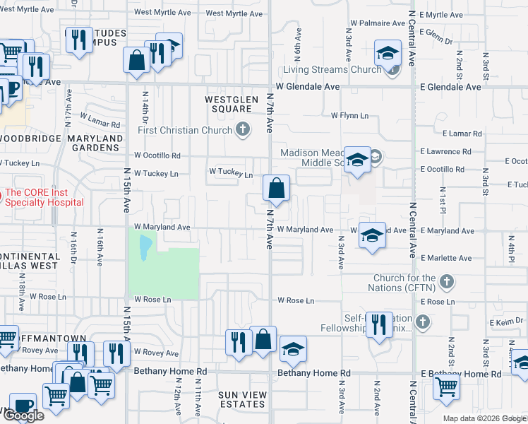 map of restaurants, bars, coffee shops, grocery stores, and more near 6544 North 7th Avenue in Phoenix