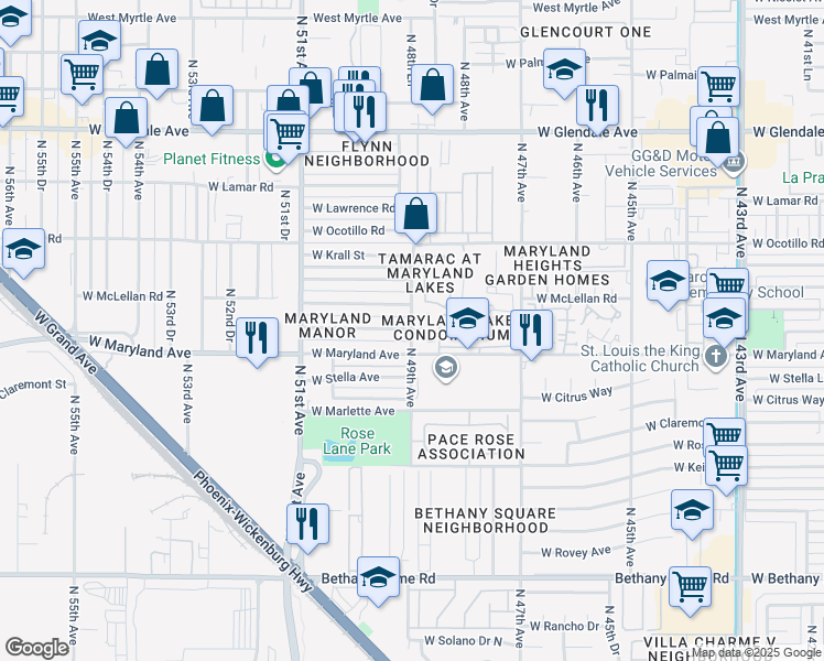 map of restaurants, bars, coffee shops, grocery stores, and more near 4901 West McLellan Road in Glendale
