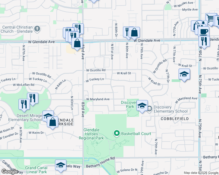 map of restaurants, bars, coffee shops, grocery stores, and more near 8122 West McLellan Road in Glendale