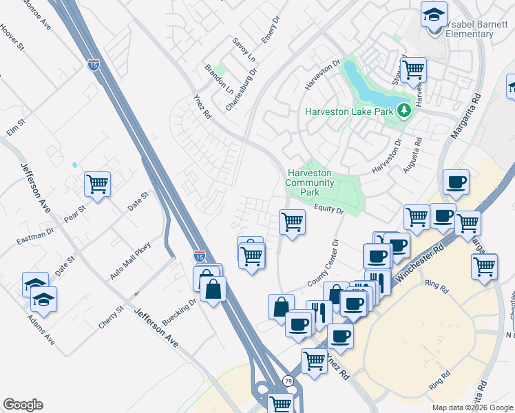 map of restaurants, bars, coffee shops, grocery stores, and more near 26001-26061 Ynez Road in Temecula