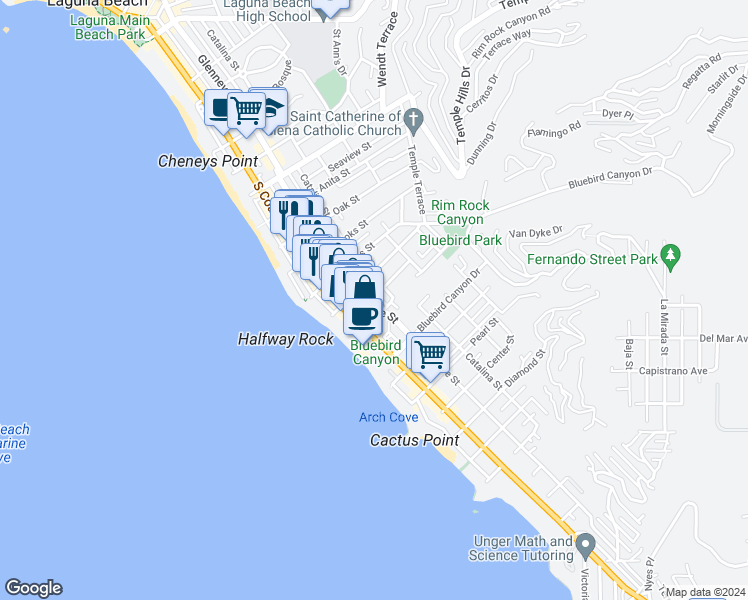map of restaurants, bars, coffee shops, grocery stores, and more near 1390 Glenneyre Street in Laguna Beach