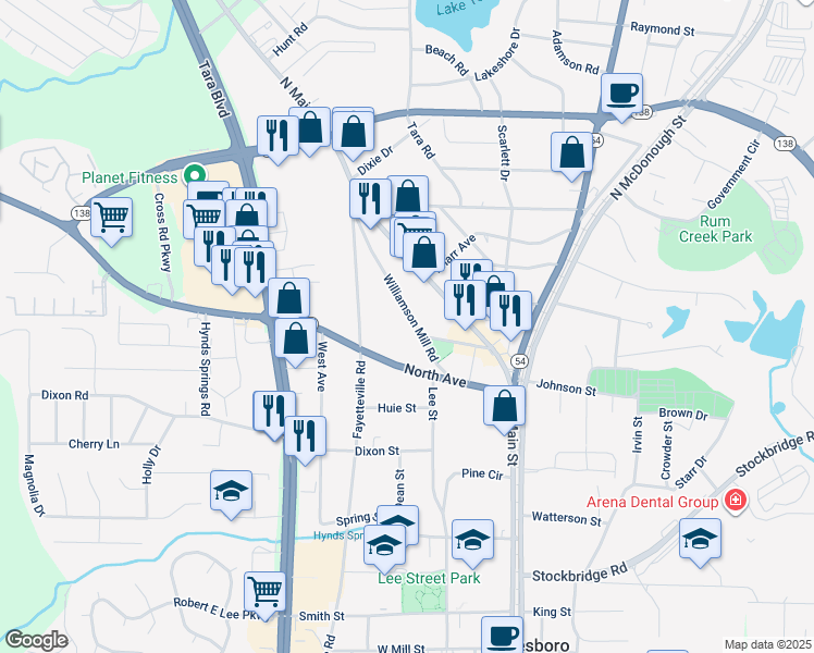 map of restaurants, bars, coffee shops, grocery stores, and more near 214 Williamson Mill Road in Jonesboro