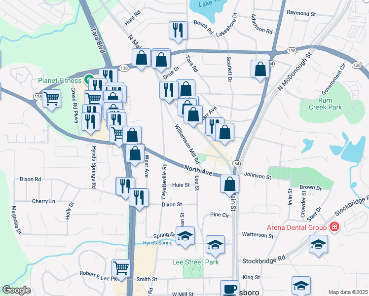 map of restaurants, bars, coffee shops, grocery stores, and more near 214 Williamson Mill Road in Jonesboro