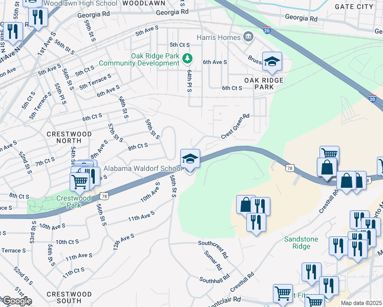 map of restaurants, bars, coffee shops, grocery stores, and more near 824 Crest Green Road in Birmingham