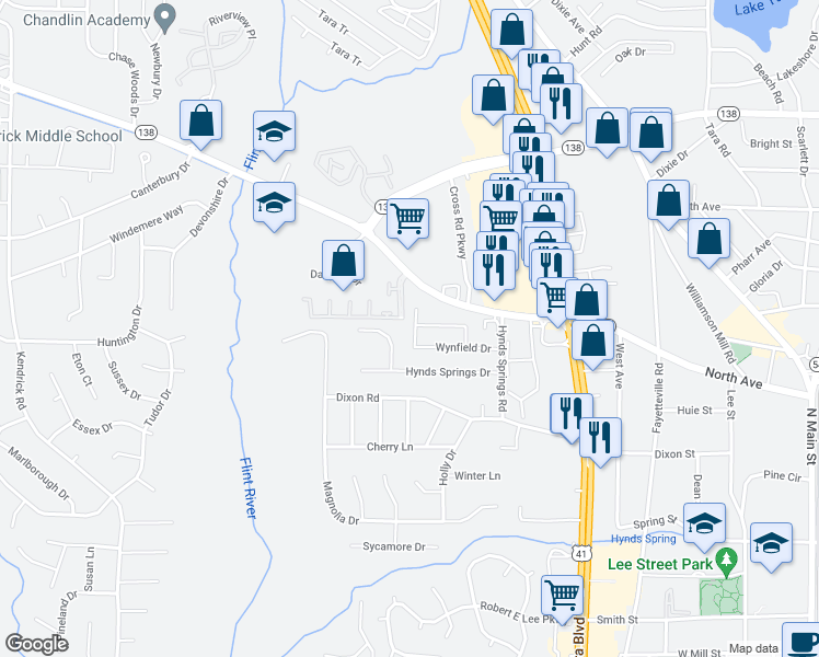 map of restaurants, bars, coffee shops, grocery stores, and more near 8131 Wynfield Drive in Jonesboro